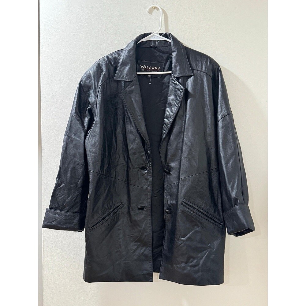 Wilsons The Leather Experts Men Black 100% Leather Moto Button Snap Jacket - M